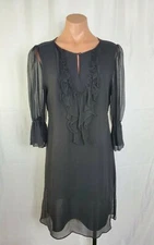 Jax Women's 3/4 Sleeve Layered Black Silk Polyester Sheer Ruffle Dress Size 8  