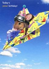 Designer Greetings Mouse Flying in Wrapping Paper Airplane Cute Birthday Card