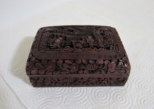 Chinese Antique cinnabar lacquer box hand carved figures authentic and signed