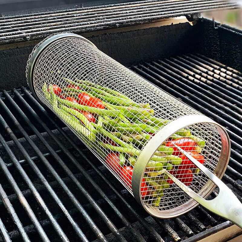 BBQ Net Tube Rolling Basket Grill Tool with Removable Mesh Cover BBQ