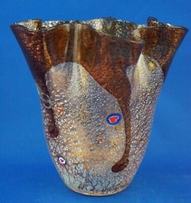 Vaso a fazzoletto vetro soffiato con murrine foglia argento Nason Murano 1900 XX