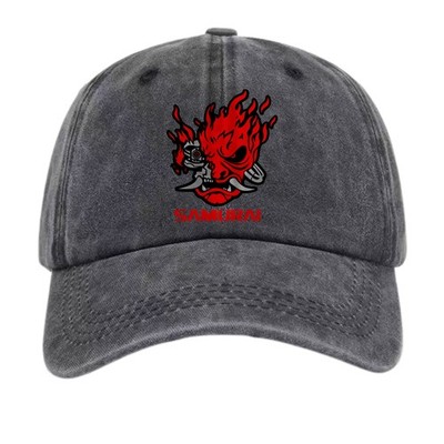 Cyber Samurai Oni Mask Dad Hat Red Flame Graphic Vintage Washed Baseball Cap