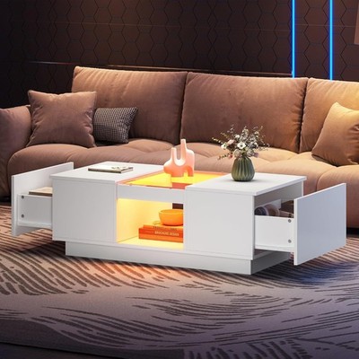 Weißer LED Couchtisch Hochglanz Aufbewahrung Schubladen RGB App gesteuert