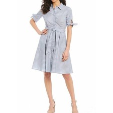 new CALVIN KLEIN grey white striped nautical 100% cotton knee length dress 2