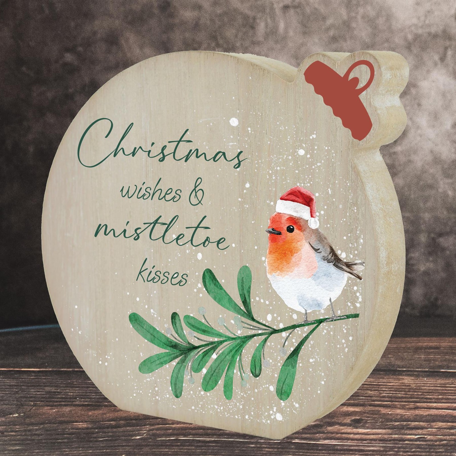 Mistletoe Kisses Rockin' Robin Christmas Decorations Wooden Bauble Block