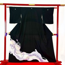 Japanese Kimono 'TOMESODE' Silk/Purple/Silver/Ribbon design/Length:162cm N768
