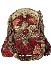 Vintage Beaded Embroidered Evening Bag Cast Filigree Frame Burgundy Floral Purse