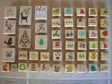 47 Wood Mounted RUBBER STAMPS lot Holiday Theme Christmas Tree Santa Snowman