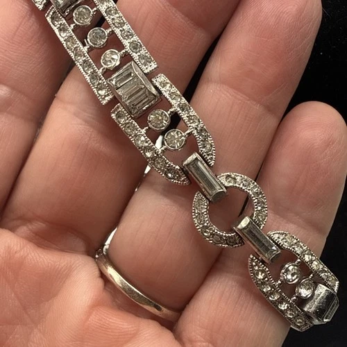 Vintage Art Deco Rhinestone Bracelet Silver Tone Paste Metal Jewelry