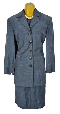 Vintage Jaeger Jacket Dress Suit Set UK12 Blue Linen Silk Smart Workwear Office
