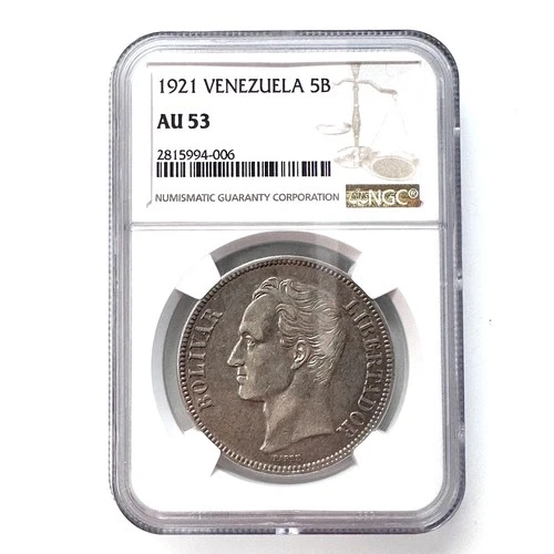 1921 Venezuela Silver 5 Bolivar Antique SILVER COIN AU 53 NGC