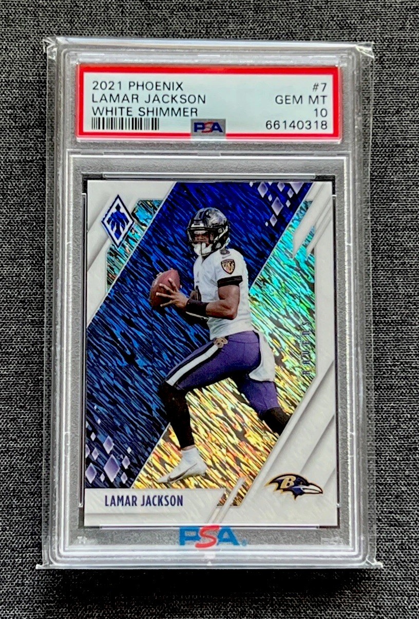 2021 Panini Phoenix NFL Lamar Jackson 7 White Shimmer SP BAL Ravens PSA 10 POP 1 view 1