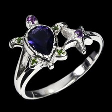 925 Sterling Silver Ring Pear Iolite 7x5mm Chrome Diopside Gemstone Jewelry 6.5