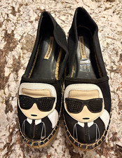 KARL LAGERFELD Black Canvas Espadrille Flats Slip-On Logo US 6 EU 37