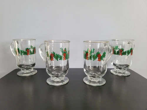 Set of 4 Vintage Libbey Holly Berry Garland Footed Glass Irish Coffee Mugs