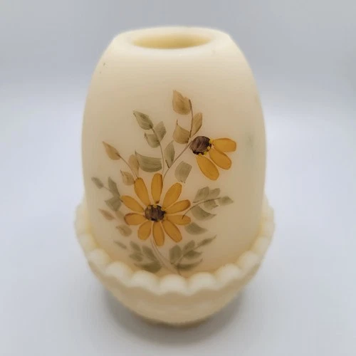 VINTAGE FENTON CUSTARD GLASS FAIRY LAMP Hand Painted Flowers Signed See pics