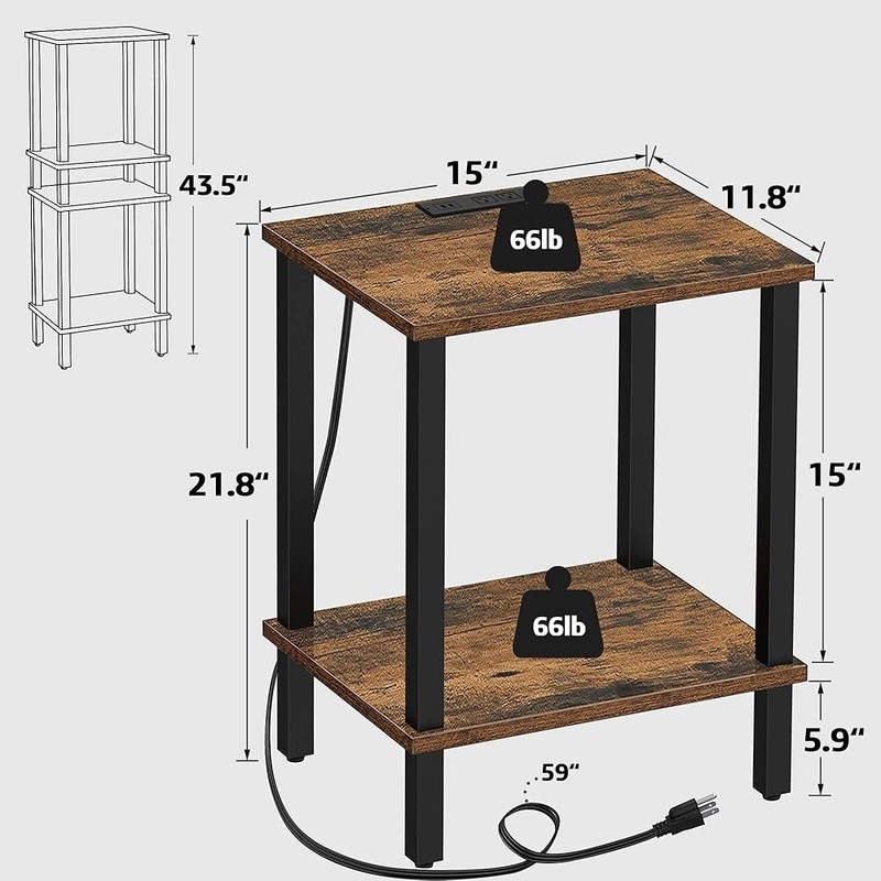 End Table W/ Charging Station USB Ports AC Outlets 2-Tier Storage Nightstand