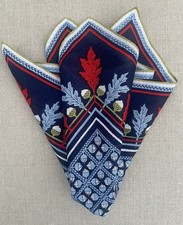 Vintage Handkerchief / Pocket Square Blue Red Oak Leaves Acorns Hand Rolled 15"