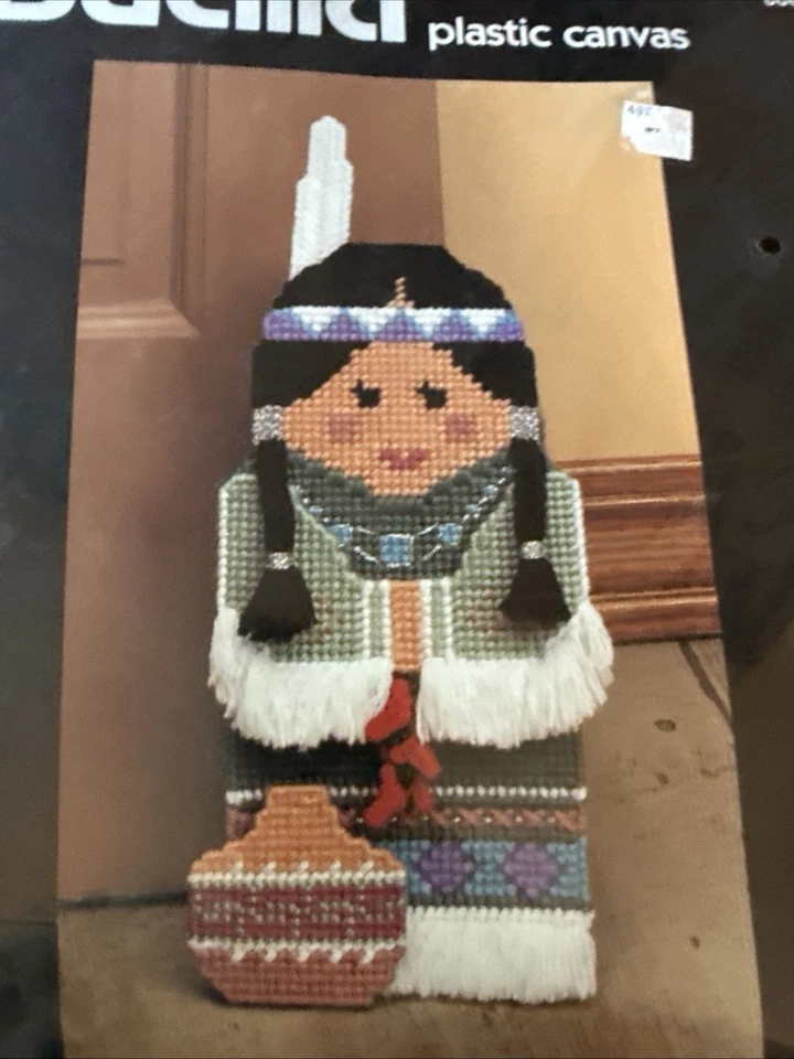 Vintage Bucilla Plastic Canvas Native American DOORSTOP Kit 6065 Indian 14”H - Image 3 of 4