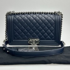 Chanel Boy Medium Dark Blue Quilted Leather Chain Shoulder Bag Silver Hardware