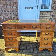 Green Leather Top Vintage Yew Wood Captains Desk - FREE UK DELIVERY 🚛 