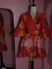 FARM Rio Red Multicolor Print Mini Dress V-Neck Belted 3/4 Bell Sleeve M