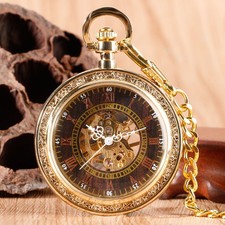 Yellow Golden Open Face Men's Mechanical Hand Winding Pocket Watch FOB Chain