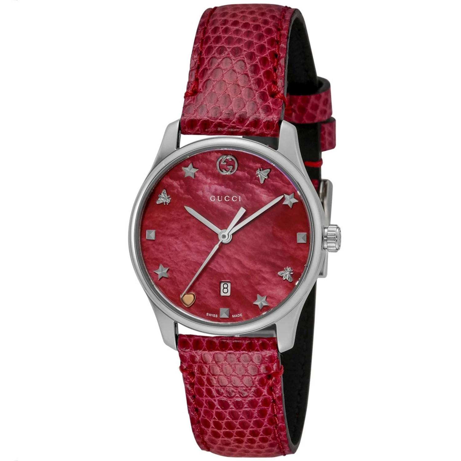 Gucci G-Timeless Women's Red MOP Dial Leather Band Watch YA126584A ($1380 MSRP)