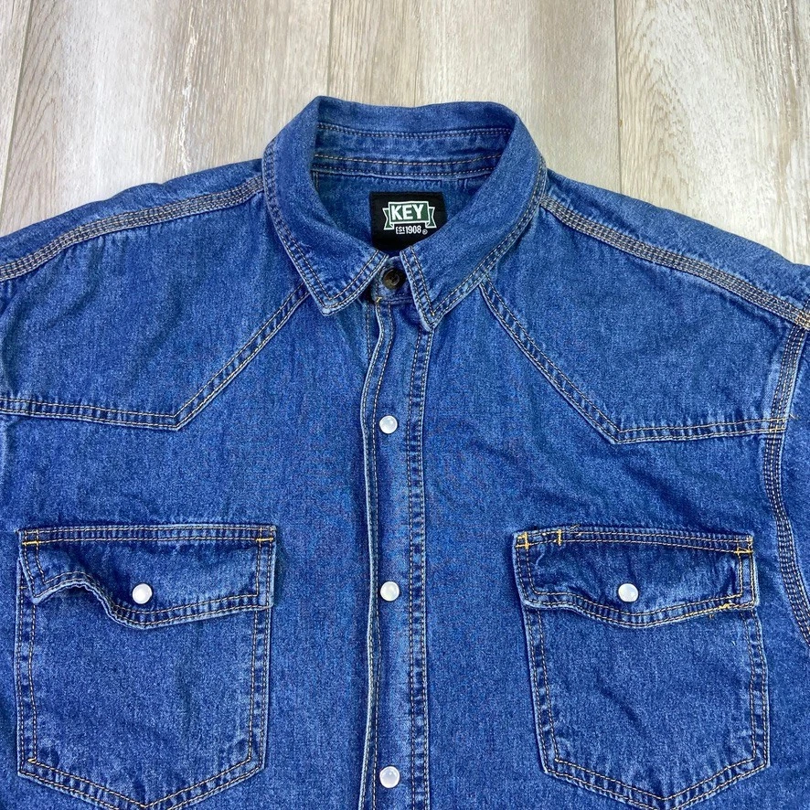 Key Denim Shirt Mens Large Tall Blue Pearl Snap Western Cowboy Work Heavy Men - Image 2 of 4