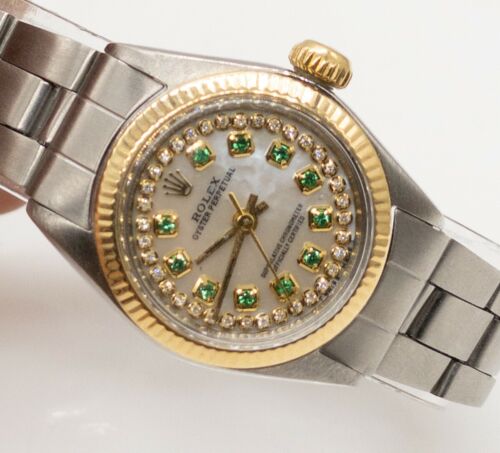 Estate $8000 ROLEX Oyster Ladies Emerald Diamond 18k Yellow Gold SS Watch WTY - Afbeelding 1 van 6