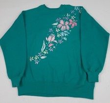 Vintage 90s Floral Flower Art Print Sweatshirt Vtg Multicolor Teal Made In USA