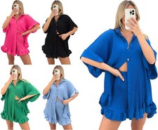 Ladies Gold Button Pleated Frill Ruffle Womens Shirt Shorts Two Piece Co-Ord Set