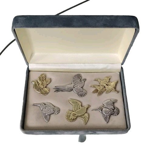 Francis Berille Box 6 Bird Pins, Hunting In Solid Silver & Bronze N2
