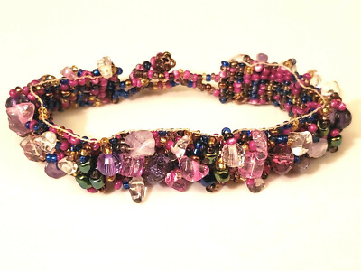 Handgefertigtes geflochtenes Armband lila Amethyst rosa Multi Kristall & Glas 7 3/4 Zoll