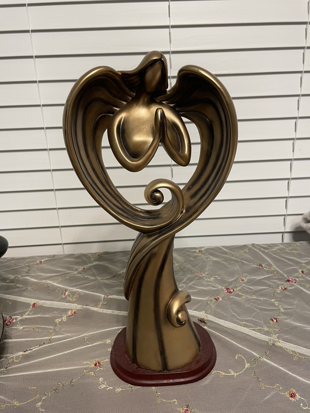 Angel Faux Bronze Sculpture Statue Wood Base Figurine Decor Large 15” Heavy