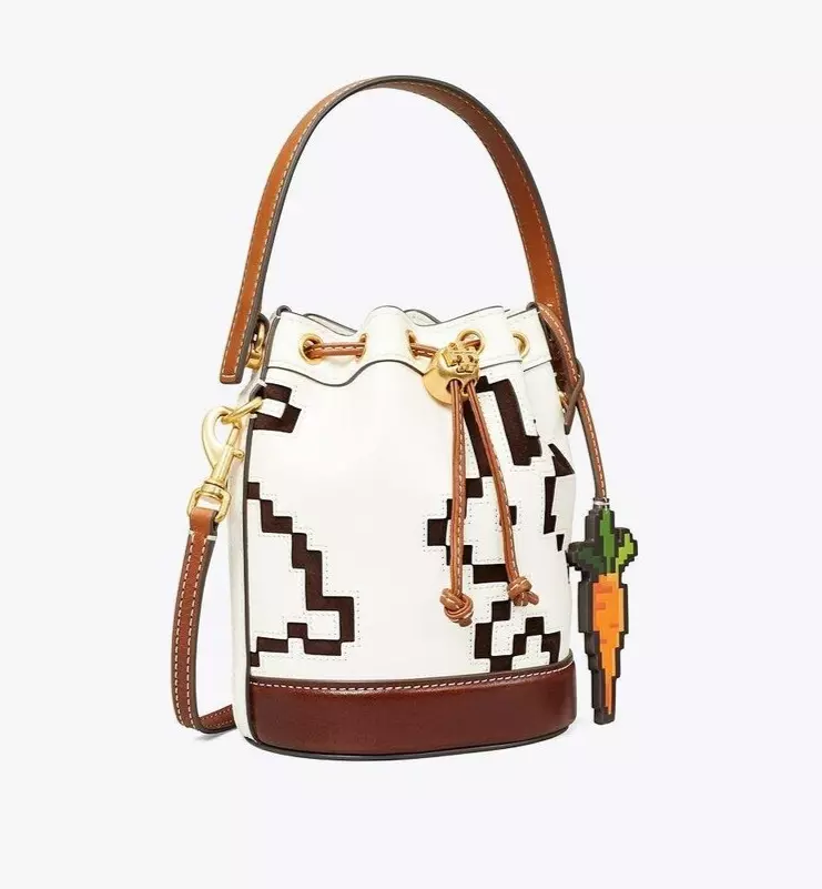 Tory Burch Pixelated Rabbit Mini Bucket Bag Crossbody Carrot Charm Pouch  ~NWT~