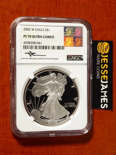 2002 W PROOF SILVER EAGLE NGC PF70 ULTRA CAMEO JOHN MERCANTI SIGNED ART LABEL!
