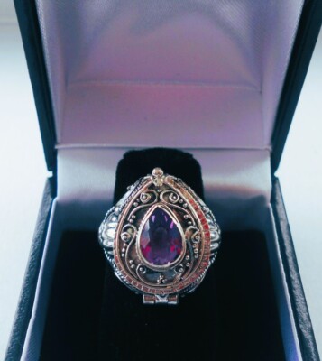 Handmade Sterling Silver Amethyst Tear Drop Poison Ring - Sizes 7-9-10