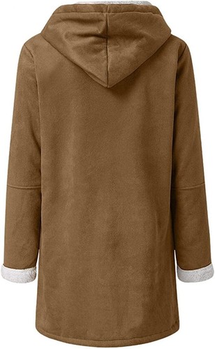 Womens Lapel Sherpa Fleece Lined Jacket Winter Warm Button Down Hooded Coat - Picture 5 of 6