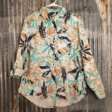Tropical Shirt Womens Medium LS Button Up White Blue Tunic Split Back Artsy