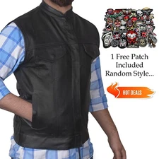 Men's SOA Black Genuine Premium Leather Anarchy Vest Motorcycle Biker FREE PATCH