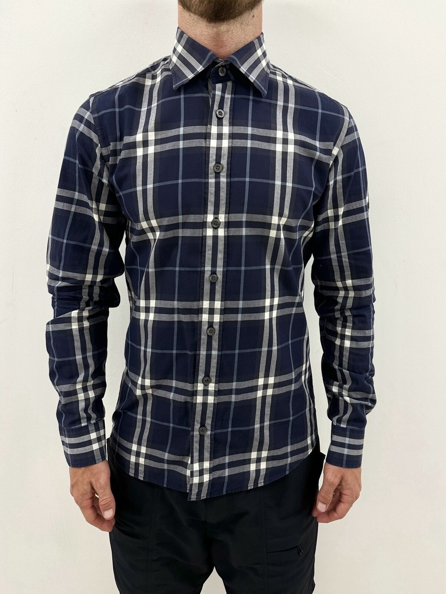 Burberry Brit Mens Navy Check Checked Plaid T-Shirt Shirt Long