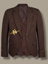 Men's Scottish Dark Brown Tweed Wool Argyle Kilt Jacket With Tweed Wool Vest