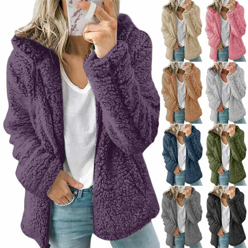 Womens Winter Teddy Bear Fluffy Coat Zip Up Cardigan Fleece Hoody Jacket Outwear - Afbeelding 3 van 34