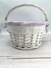 White Round Willow Woven Basket Purple Gingham Liner w/ Folding Drop-Down Handle