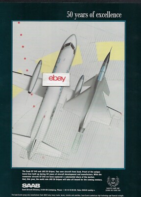 SAAB SWEDEN 50 YEARS OF EXCELLENCE SF 340 & JAS 39 GRIPEN 1987 AD