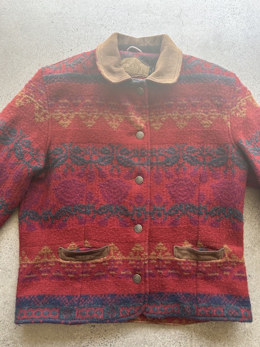 Vintage Woolrich Red Wool Leather Suede Corduroy Trim Floral Rose