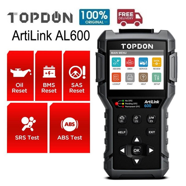 TOPDON AL600 Escáner OBD2 Lector de códigos ABS SRS Prueba activa para