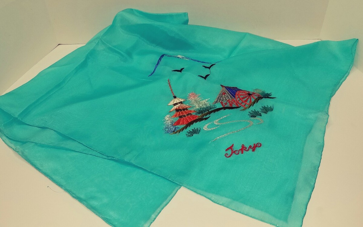 Vintage Asian Embroidered Silk Scarf 33x35 Tokyo Japan | eBay