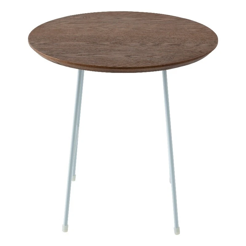 LeisureMod Rossmore Round Side Table With Wood Top and White Frame Walnut